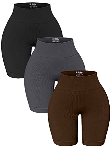OQQ 3er-Pack Yoga-Shorts mit hoher Taille für Damen, gerippt, nahtlos, Bauchkontrolle, Workout, Athletic Shorts, Schwarz Grau Kaffee, Mittel von OQQ