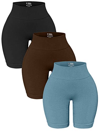 OQQ 3er-Pack Yoga-Shorts mit hoher Taille für Damen, gerippt, nahtlos, Bauchkontrolle, Workout, Athletic Shorts, Schwarz Kaffee Blau 1, Groß von OQQ