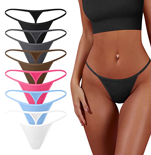 OQQ 6 Stück G-String Tangas für Frauen Baumwolle Höschen Stretch T-Rücken Tangas Low Rise Hipster Sexy Unterwäsche S-XL, 1 Schwarz, 1 Grau, 1 Kaffee, 1 Pfirsichrot, 1 Candyblau, 1 Weiß, L von OQQ