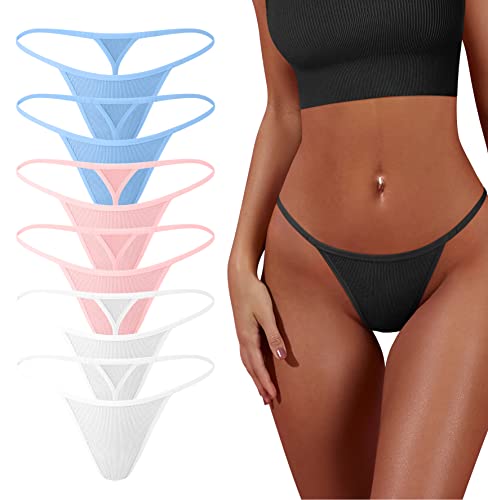 OQQ 6 Stück G-String Tangas für Frauen Baumwolle Höschen Stretch T-Rücken Tangas Low Rise Hipster Sexy Unterwäsche S-XL, 2 Candyblue, 2 Pink, 2 Weiß, M von OQQ