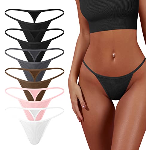 OQQ 6 Stück G-String Tangas für Frauen Baumwolle Höschen Stretch T-Rücken Tangas Low Rise Hipster Sexy Unterwäsche S-XL, 2 Schwarz, 1 Grau, 1 Kaffee, 1 Rosa, 1 Weiß, M von OQQ