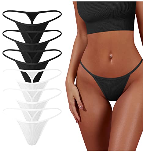 OQQ 6 Stück G-String Tangas für Frauen Baumwolle Höschen Stretch T-Rücken Tangas Low Rise Hipster Sexy Unterwäsche S-XL, 3 Schwarz, 3 Weiß, M von OQQ