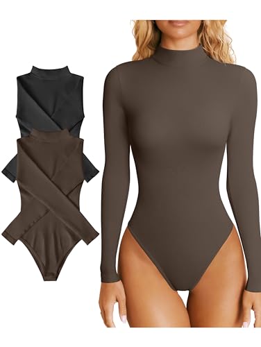 OQQ Bodysuits für Damen 2er Pack Elastisch Rollkragen Basic Langarm Sexy Bodysuits Schwarz Braun von OQQ