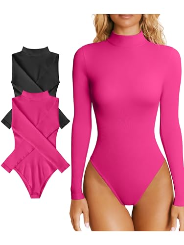 OQQ Bodysuits für Damen 2er Pack Elastisch Rollkragen Basic Langarm Sexy Bodysuits Schwarz Rosa von OQQ