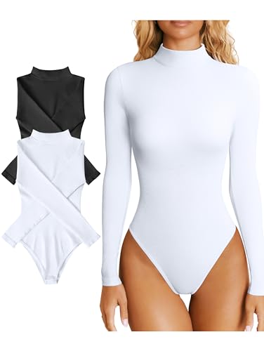 OQQ Bodysuits für Damen 2er Pack Elastisch Rollkragen Basic Langarm Sexy Bodysuits Schwarz Weiß von OQQ