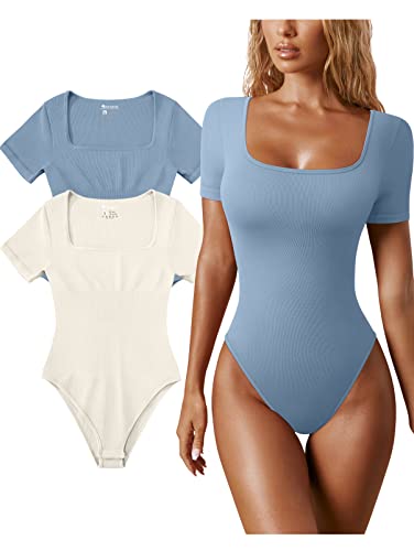 OQQ Damen 2 Stück Bodys Sexy Gerippt Einteiler Quadratischer Ausschnitt Kurzarm Bodys, Blau Beige, S von OQQ