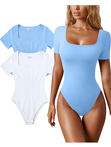 OQQ Damen 2 Stück Bodys Sexy Gerippt Einteiler Quadratischer Ausschnitt Kurzarm Bodys, Candyblue Weiß, M von OQQ