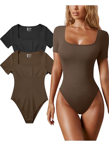 OQQ Damen 2 Stück Bodys Sexy Gerippt Einteiler Quadratischer Ausschnitt Kurzarm Bodys Schwarz Kaffee OQQ Damen 2 Stück Bodys Sexy Gerippt Einteiler Quadratischer Ausschnitt Kurzarm Bodys Schwarz Kaffee von OQQ