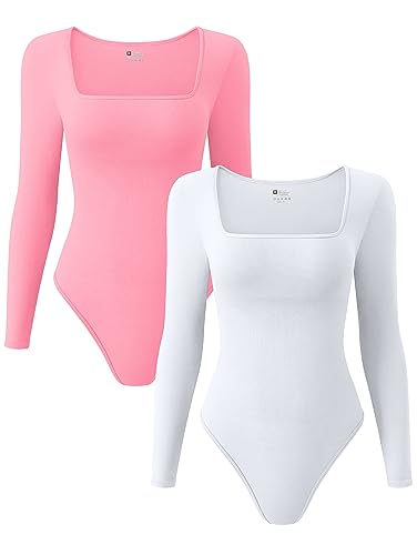 OQQ Damen 2 Stück Bodys Sexy Gerippt Einteiler Quadratischer Ausschnitt Langarm Bodys, Candypink Weiß, S von OQQ