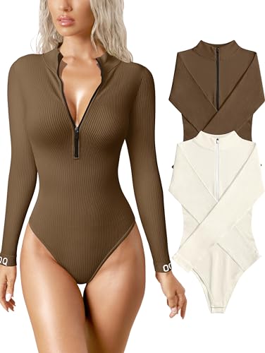 OQQ Damen 2 Stück Bodys Sexy Gerippt Einteiler Reißverschluss vorne Langarm Tops Bodys, Kaffee, Beige, S von OQQ