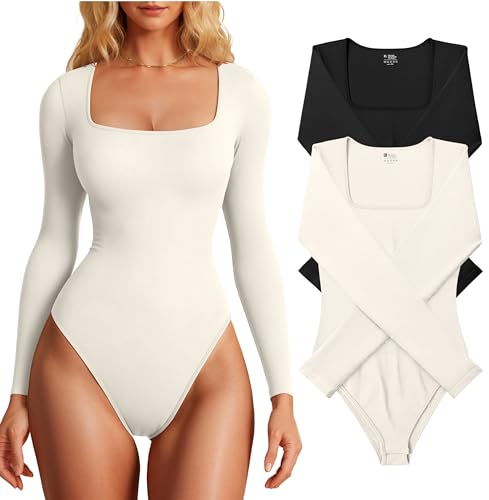 OQQ Damen 2 Stück Bodys Sexy Gerippt Langarm Quadratischer Ausschnitt Einteiler Bodys, Schwarz, Beige, L von OQQ