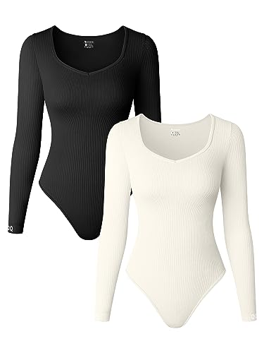 OQQ Damen 2 Stück Bodys Sexy Gerippt Langarm Tops Bodys, Schwarz, Beige, S von OQQ