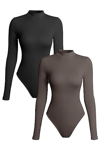 OQQ Damen 2 Stück Bodys Sexy Gerippt Rollkragen Langarm Tops Bodys, Schwarz, Teeblatt, M von OQQ