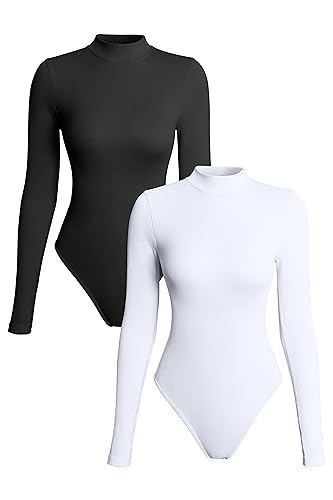 OQQ Damen 2 Stück Bodys Sexy Gerippt Rollkragen Langarm Tops Bodys, schwarz, weiß, M von OQQ