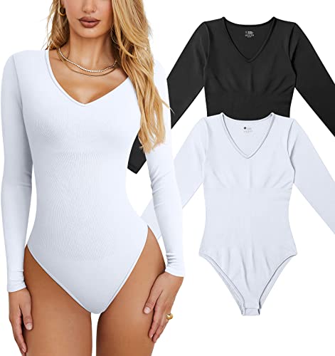 OQQ Damen 2 Stück Bodys Sexy Geripptes T-Shirt Einteiler V-Ausschnitt Langarm Bodysuits, Black White, M von OQQ