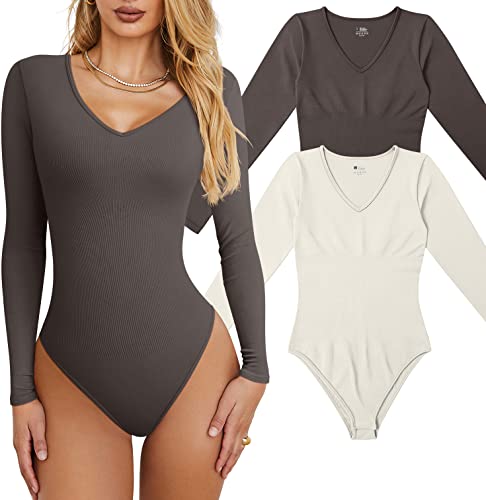 OQQ Damen 2 Stück Bodys Sexy Geripptes T-Shirt Einteiler V-Ausschnitt Langarm Bodysuits, Teeblatt beige, L von OQQ