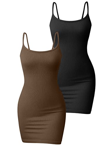 OQQ Damen 2 Stück Kleider Gerippt Ärmellos Verstellbar Spaghetti Streifen Tops Minikleid, Schwarz, Kaffee, Klein von OQQ