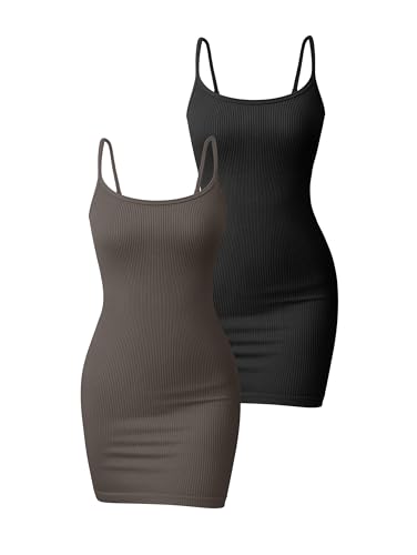 OQQ Damen 2 Stück Kleider Gerippt Ärmellos Verstellbar Spaghetti Streifen Tops Minikleid, Schwarz, Teeblatt, Klein von OQQ