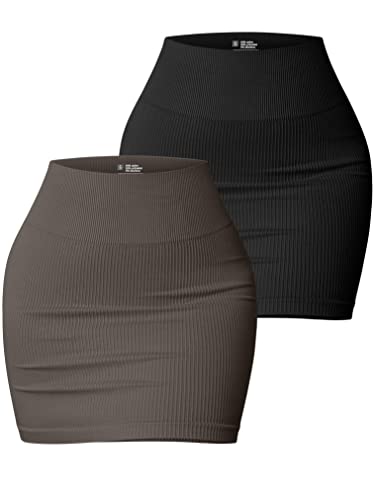 OQQ Damen 2 Stück Röcke Basic Vielseitig Dehnbar Gerippt Casual Hohe Taille Minirock, Schwarzes Teeblatt, Klein von OQQ