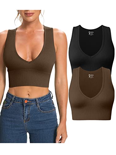 OQQ Damen 2 Stück Tank Tops Gerippt Ärmellos Sexy Tiefer V-Ausschnitt Abnehmbare Cups Yoga Crop Tops, Schwarz, Kaffee, Klein von OQQ