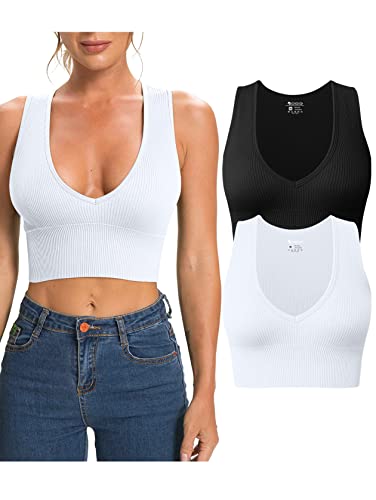 OQQ Damen 2 Stück Tank Tops Gerippt Ärmellos Sexy Tiefer V-Ausschnitt Abnehmbare Cups Yoga Crop Tops, schwarz, weiß, Klein von OQQ