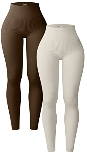 OQQ Damen 2 Stück Yoga Leggings Gerippt Nahtlos Workout Hohe Taille Athletic Pants, Kaffee/Beige, M von OQQ