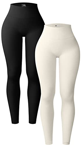 OQQ Damen 2 Stück Yoga Leggings Gerippt Nahtlos Workout Hohe Taille Athletic Pants, Schwarz/Beige, Groß von OQQ