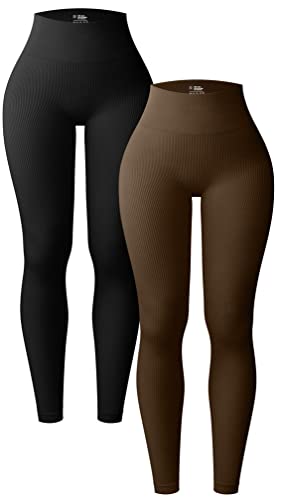 OQQ Damen 2 Stück Yoga Leggings Gerippt Nahtlos Workout Hohe Taille Athletic Pants, Schwarz - Black Coffee, Groß von OQQ