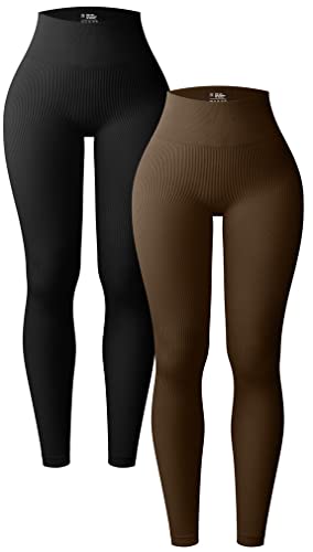 OQQ Damen 2 Stück Yoga Leggings Gerippt Nahtlos Workout Hohe Taille Athletic Pants, Schwarz - Black Coffee, M von OQQ