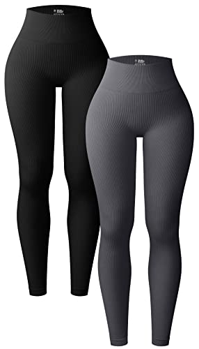 OQQ Damen 2 Stück Yoga Leggings Gerippt Nahtlos Workout Hohe Taille Athletic Pants, Schwarz Dunkelgrau, M von OQQ