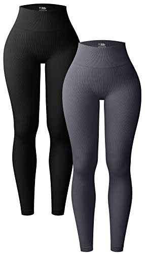 OQQ Damen 2 Stück Yoga Leggings Gerippt Nahtlos Workout Hohe Taille Athletic Pants, Schwarz Dunkelgrau, S von OQQ