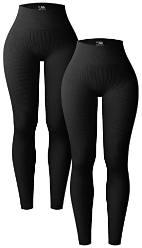 OQQ Damen 2 Stück Yoga Leggings Gerippt Nahtlos Workout Hohe Taille Athletic Pants, Schwarz Schwarz, Groß von OQQ