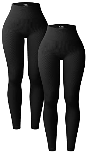 OQQ Damen 2 Stück Yoga Leggings Gerippt Nahtlos Workout Hohe Taille Athletic Pants, Schwarz Schwarz, M von OQQ