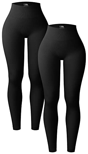 OQQ Damen 2 Stück Yoga Leggings Gerippt Nahtlos Workout Hohe Taille Athletic Pants, Schwarz Schwarz, S von OQQ