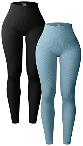 OQQ 2-teilige Yoga-Leggings für Damen, gerippt, nahtlos, Workout, hohe Taille, athletische Hose, schwarz blau, S von OQQ