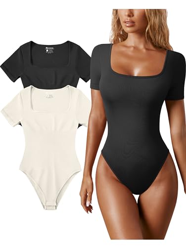 OQQ Damen 2-teilige Yoga-Bodys gerippt einteilig Kurzarm Bauchweg Tops Bodysuits, Schwarz / Beige, Small von OQQ