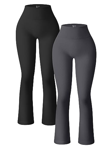 OQQ Damen 2-teilige Yogahose, gerippt, nahtlos, Workout, hohe Taille, Glockenhose, ausgestellte Leggings, Schwarz, Dunkelgrau, S von OQQ