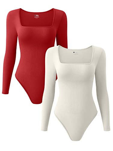 OQQ Damen 2-teiliger Bodysuit, sexy, gerippt, einteilig, quadratischer Ausschnitt, lange Ärmel, Rot / Beige, L von OQQ