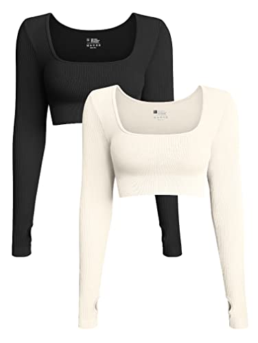 OQQ Damen 2-teiliges Bauchfreies Top Geripptes nahtloses Workout Übung Langarm Crop Tops, Schwarz, Beige, Groß von OQQ