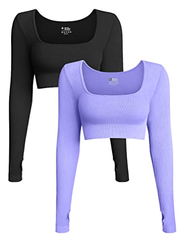 OQQ Damen 2-teiliges Bauchfreies Top Geripptes nahtloses Workout Übung Langarm Crop Tops, Schwarz, Lila, Mittel von OQQ