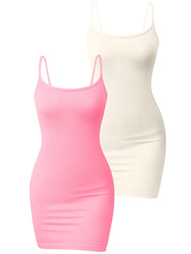 OQQ Damen 2-teiliges Kleid Gerippt Sexy Ärmellos Spaghettiträger Ärmellos Tank Tops Kleid, Beige, Candypink, Klein von OQQ