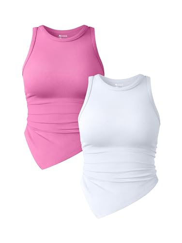 OQQ Damen 2-teiliges Tank-Top gerüscht Rundhalsausschnitt ärmellos Basic Stretch Tops Rosa Weiß von OQQ