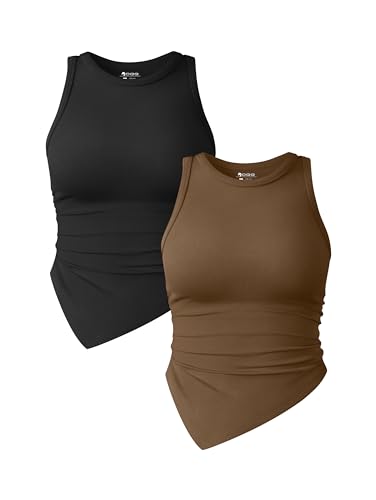 OQQ Damen 2-teiliges Tank-Top gerüscht Rundhalsausschnitt ärmellos Basic Stretch Tops Schwarz Kaffee von OQQ