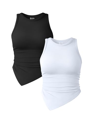 OQQ Damen 2-teiliges Tank-Top gerüscht Rundhalsausschnitt ärmellos Basic Stretch T-Shirt Schwarz Weiß von OQQ