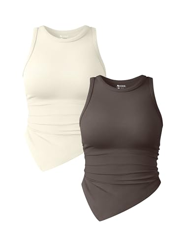 OQQ Damen 2-teiliges Tank-Top gerüscht Rundhalsausschnitt ärmellos Basic Stretch T-Shirt Teeblatt Beige von OQQ