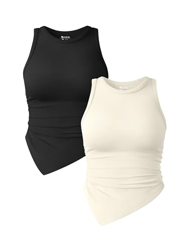 OQQ Damen 2-teiliges Tank-Top gerüscht Rundhalsausschnitt ärmellos Basic Stretch Tops Schwarz Beige von OQQ