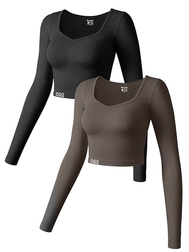 OQQ Damen 2-teiliges bauchfreies Oberteil, langärmelig, Stretch, enganliegend, Unterhemden, Schicht-T-Shirts, Trainings-Tops, Schwarz, Teeblatt, Klein von OQQ