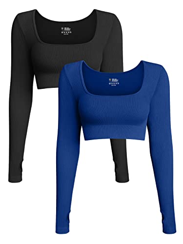 OQQ Damen 2-teiliges bauchfreies Top gerippt Nahtlos Workout Übung Langarm Crop Tops, Schwarz, Dunkelblau, Groß von OQQ