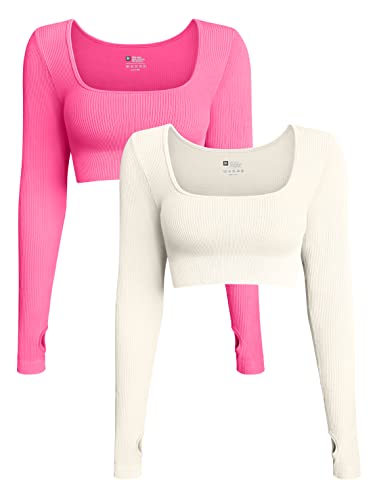 OQQ Damen 2-teiliges bauchfreies Top geripptes nahtloses Workout Übung Langarm Crop Tops, Fluoreszierendes Pink, Beige, Mittel von OQQ