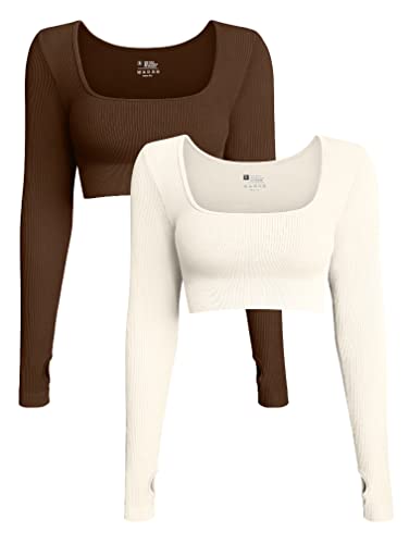 OQQ Damen 2-teiliges Bauchfreies Top Geripptes nahtloses Workout Übung Langarm Crop Tops, Kaffee/Beige, Klein von OQQ